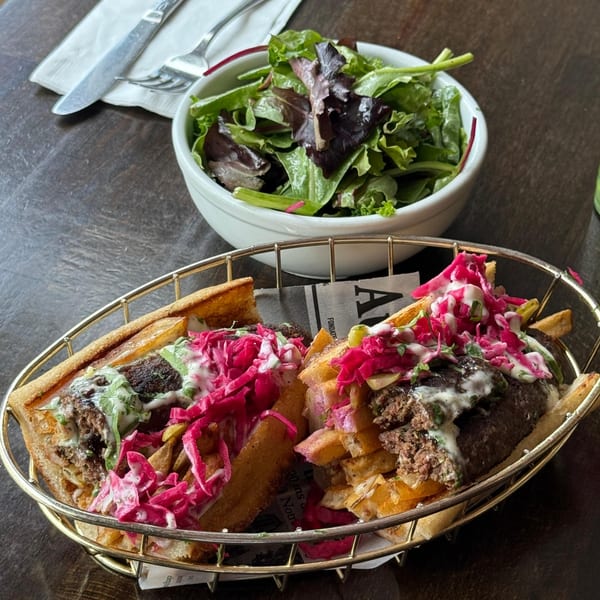 A metal basket holds two sandwiches with meat, fries, red cabbage, and white sauce, alongside a side salad.